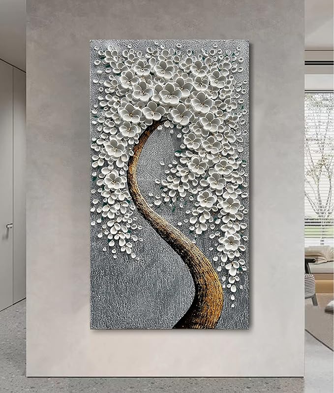 100% Hand-Painted 3D White Vertical Abstract Flower Tree Painting, Canvas Texture Mural, Living Room, Bedroom, Dining Room Mural 24x48 inchs