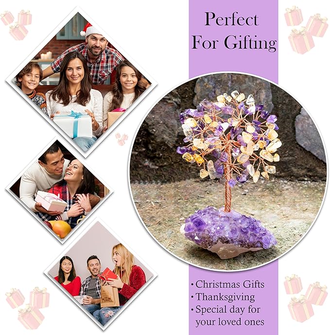 Amethyst & Citrine Crystal Tree with Cluster Base Tree of Life Decor for Shelf, Bedroom, Birthday Gifts for Women, Sister Gift, Birthday Gifts for Mom, Cute Home Office Decor Housewarming Present