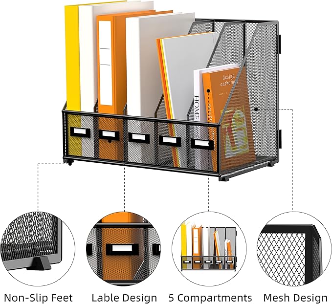 DALTACK Desk Organizers Metal Magazine File Holder with 5 Vertical Compartments Folder Storage Binder Organizer for Office Home School Organization, Black