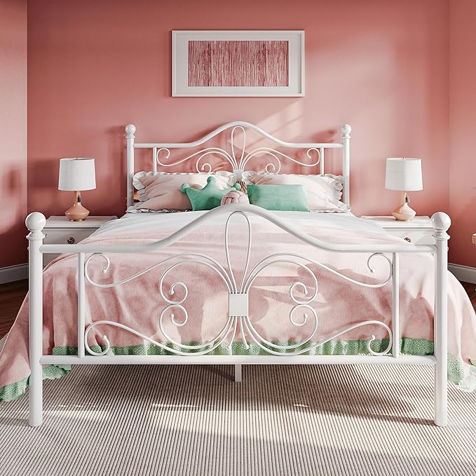 SHA CERLIN Queen Size Bed Frame with Headboard,Metal Bed Frame with Butterfly Pattern Design Headboard & Footboard,No Box Spring Needed,Easy Assembly,White