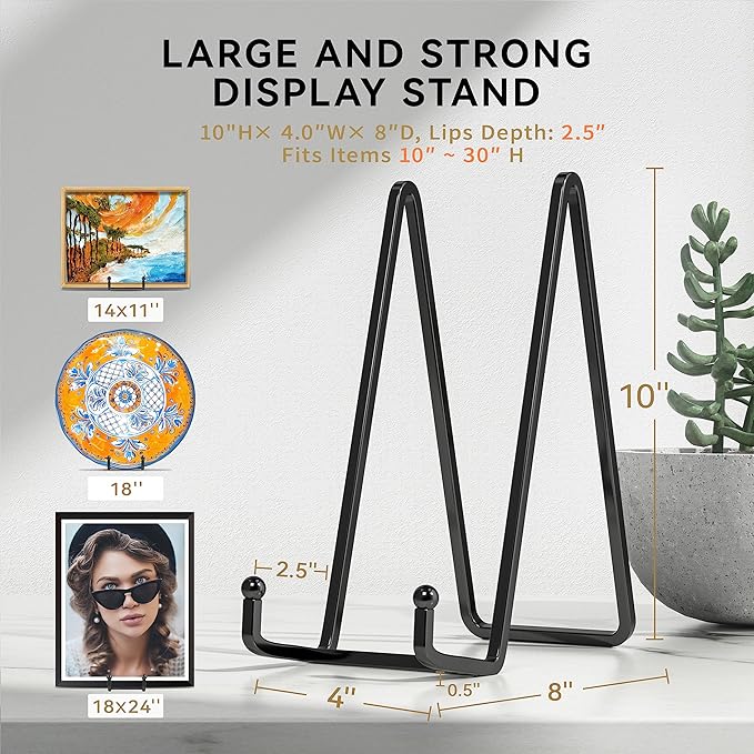 4 Pack 10 Inch Large Plate Stands for Display - Metal Square Wire Plate Holder Display Stand + Picture Stand for Book, Platter, Plaque, Photo Easel