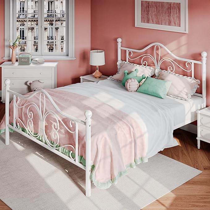 SHA CERLIN Queen Size Bed Frame with Headboard,Metal Bed Frame with Butterfly Pattern Design Headboard & Footboard,No Box Spring Needed,Easy Assembly,White