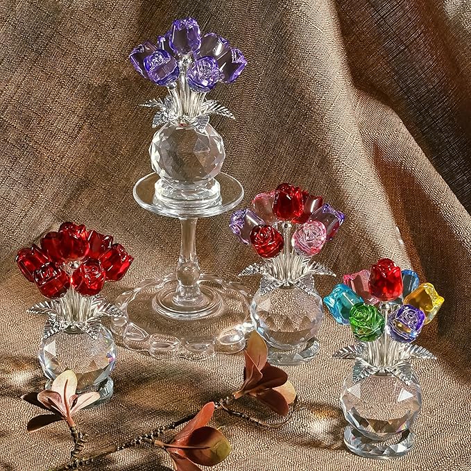 Crystal Colorful Rose Flower Collectible Figurine Glass Flowers with Vase Romantic Gifts for Wife Mom Women on Anniversary